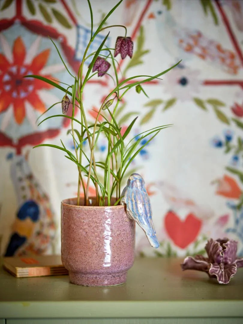Bloomingville Larky Kruka i Rosa Stengods med Dekorativ Fågel - D11 x H16 cm Bloomingville